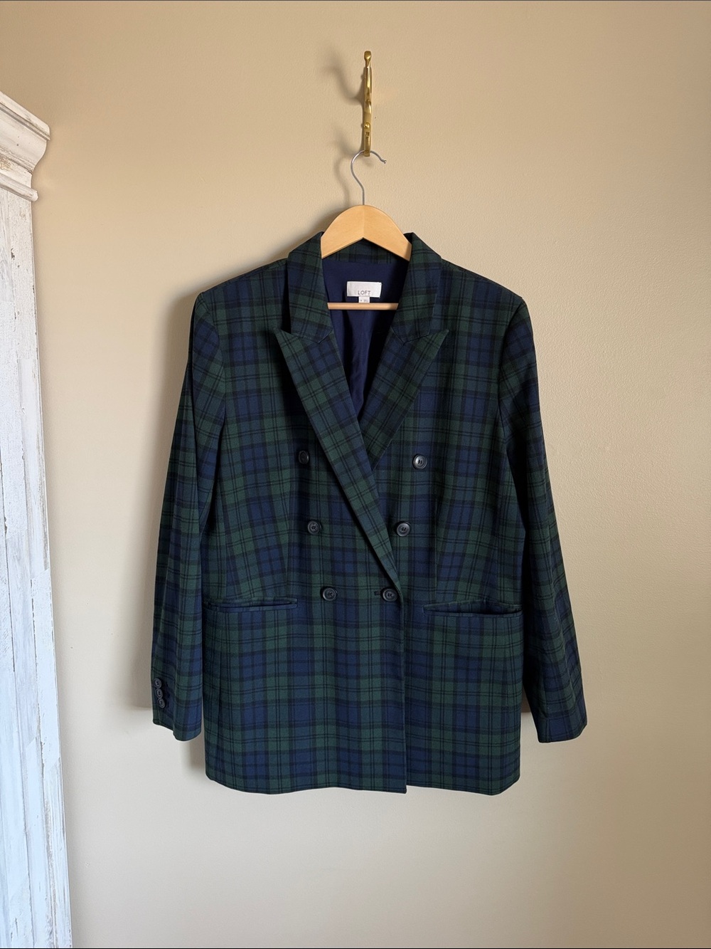 LOFT Green and Navy Plaid Double-Breasted Blazer
